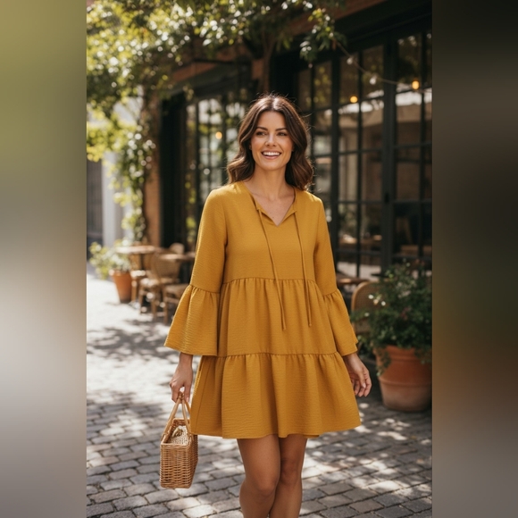 Peach Love California Dresses & Skirts - 2/$15 Mustard Tiered Long Sleeve V-Neck Mini Dress - Bohemian